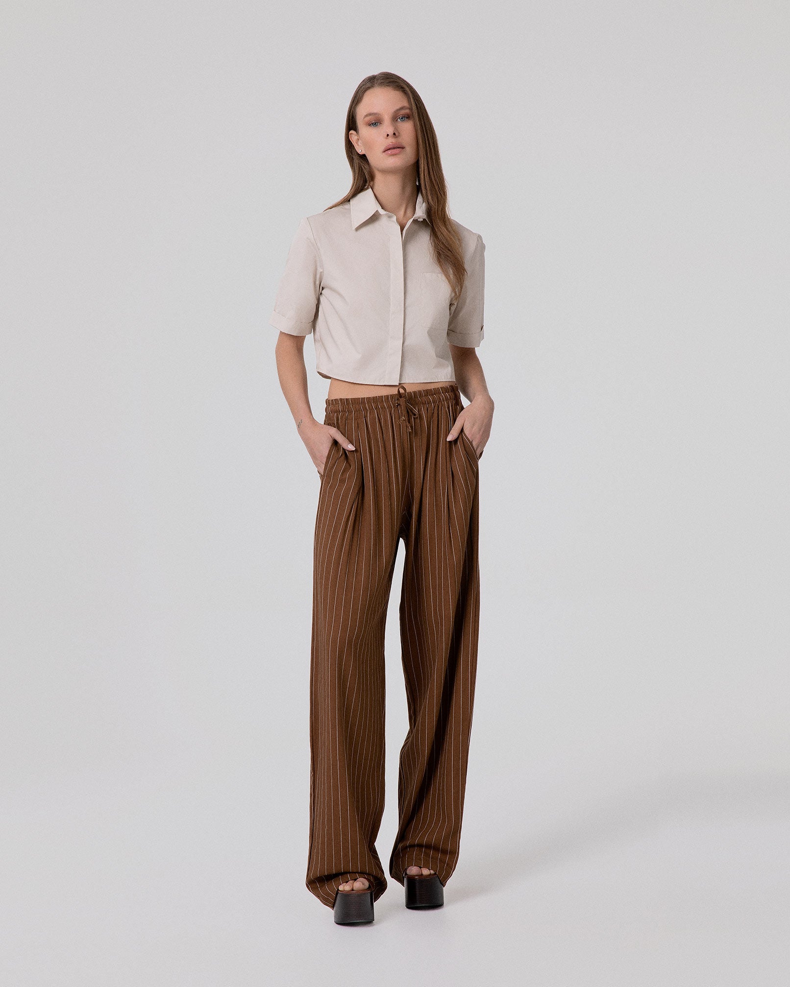 PANTALONE IN LINO GESSATO OVER CON COULISSE