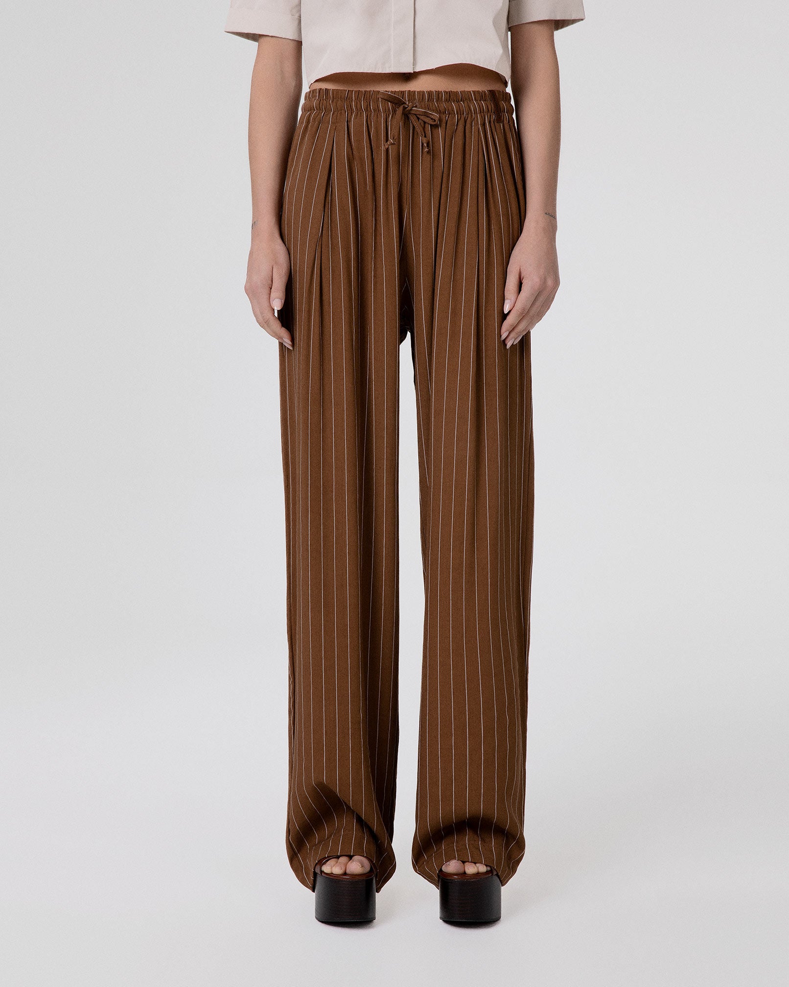 PANTALONE IN LINO GESSATO OVER CON COULISSE