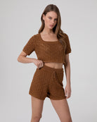 CROP TOP IN MAGLIA TRAFORATA CON M/M/ A TROMBETTA