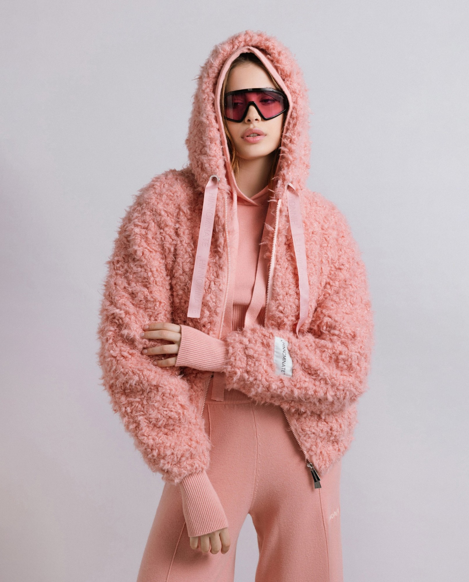 Faux fur bomber jacket with hood Old Rose